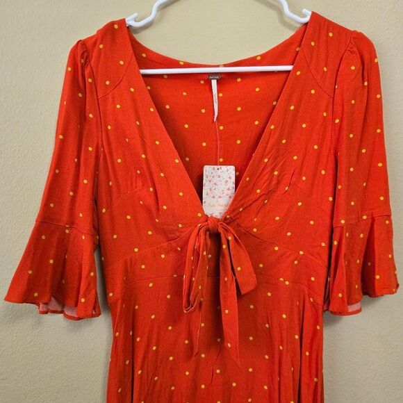 FREE PEOPLE Flame Combo Plunging V-Neck Polkadot A-Line Dress Boho 0 NWT - Picture 3 of 12